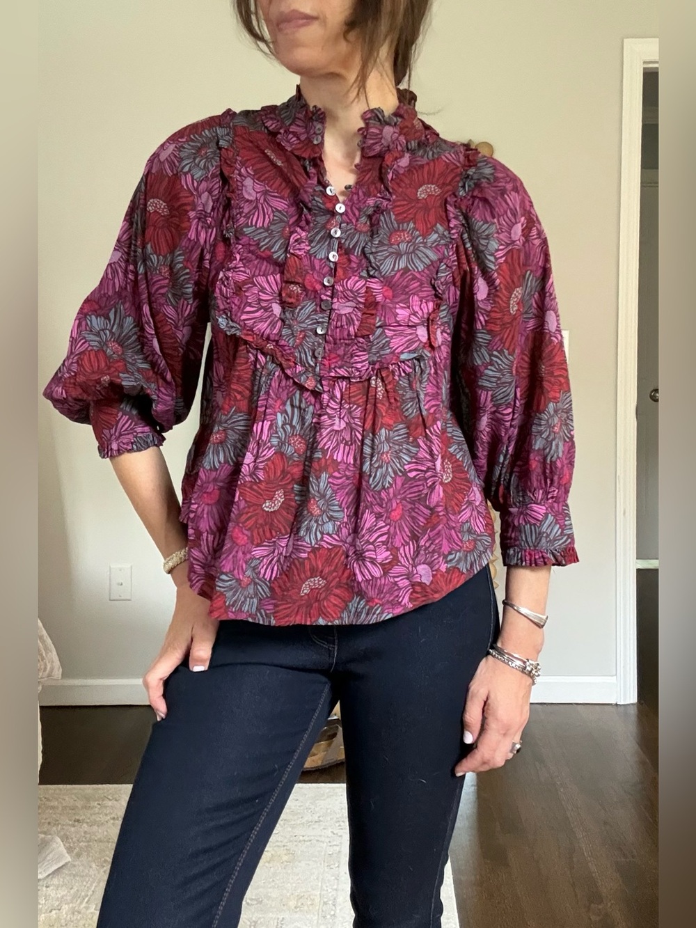Karlie Olivaceous Fall Floral Blouse